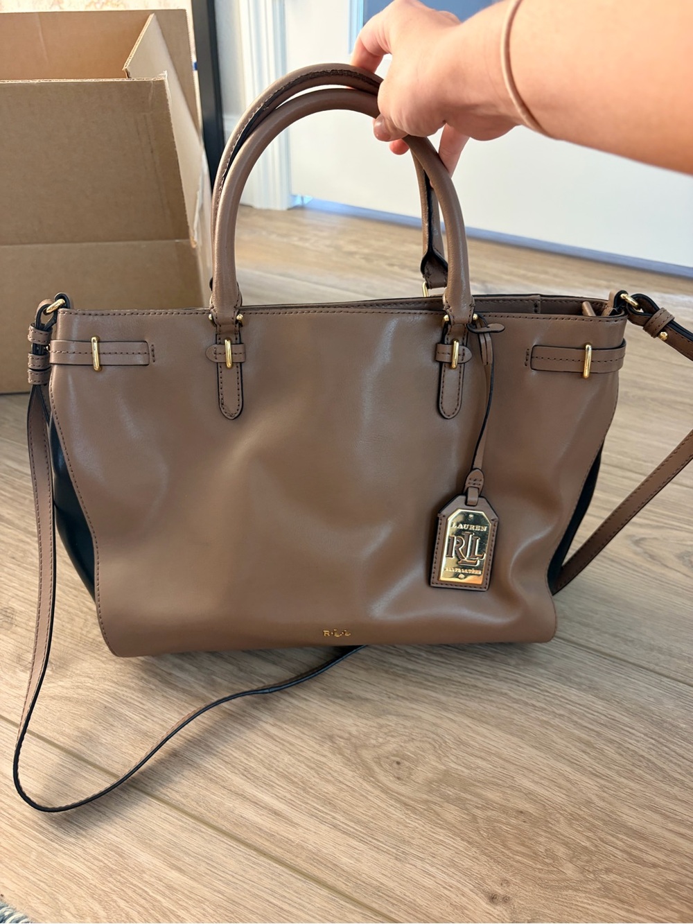 Ralph Lauren Taupe Leather Tote with Gold Hardware